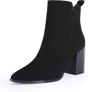 Rilista Womens V Cutout Ankle Boots Pointed Toe Chunky Block Stacked Heel Booties Side Zipper Shoes
