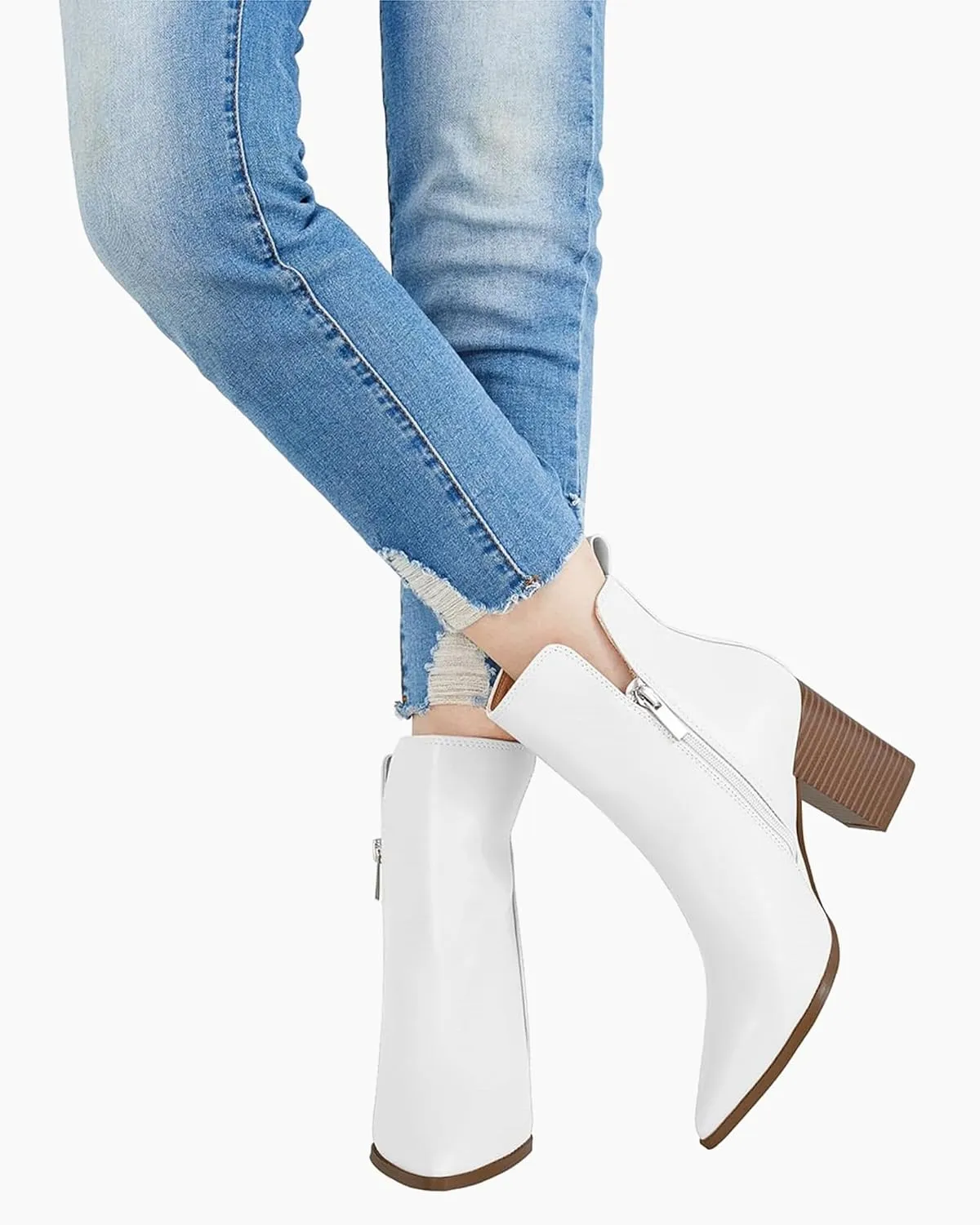 Rilista Womens V Cutout Ankle Boots Pointed Toe Chunky Block Stacked Heel Booties Side Zipper Shoes