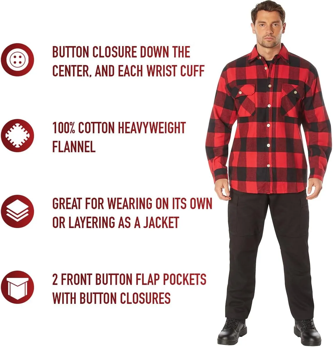 Rothco Buffalo Plaid Flannel Long Sleeve Shirt – Casual Button-Down with Heavyweight 8-oz Cotton Material