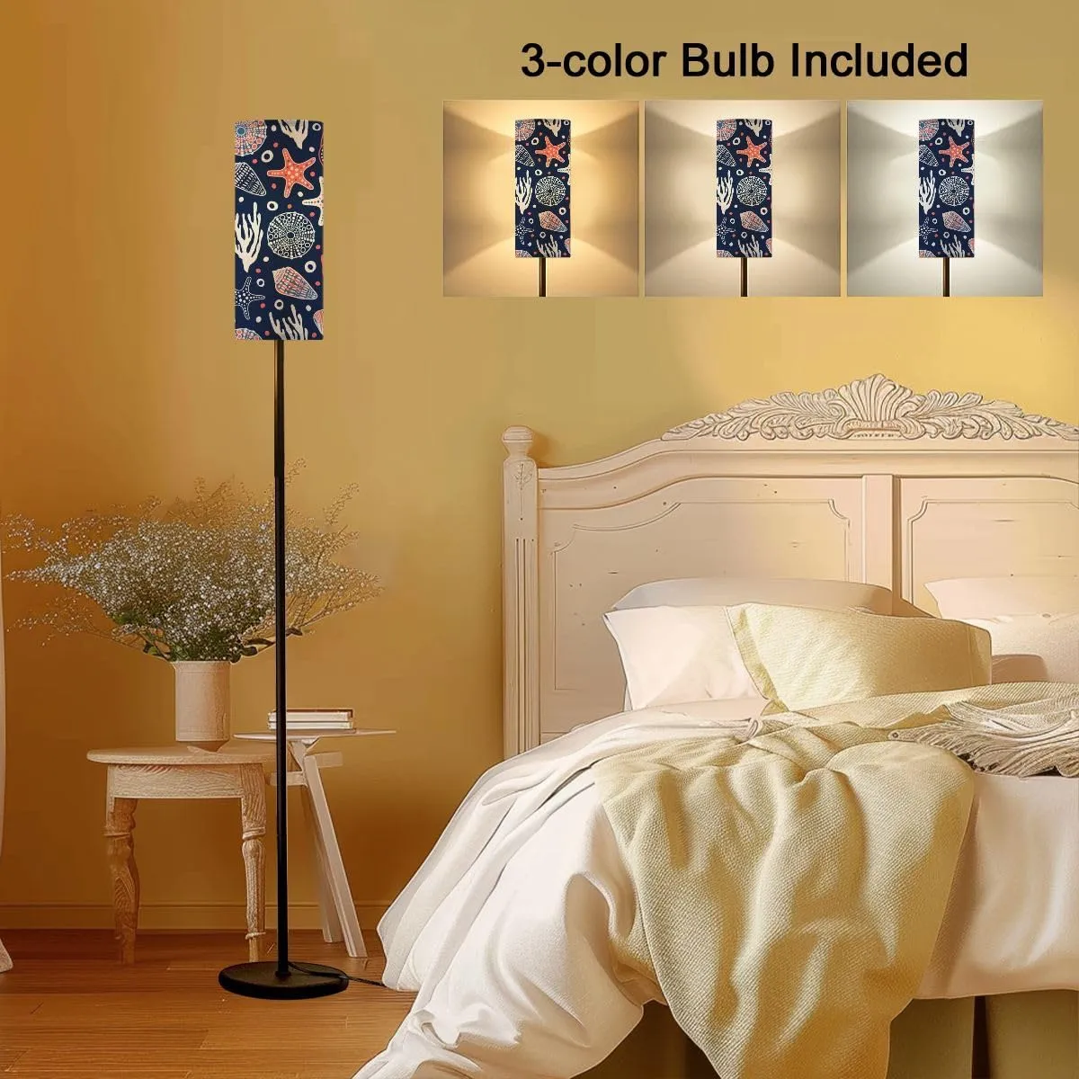 Sea bottom seamless pattern Summer beach hand drawn seaside print Modern Floor Lamp Minimalist Standing Lamps for Living Room LED Corner Lamp Remote Control Metal Pole Lamp for Bedroom, Reading