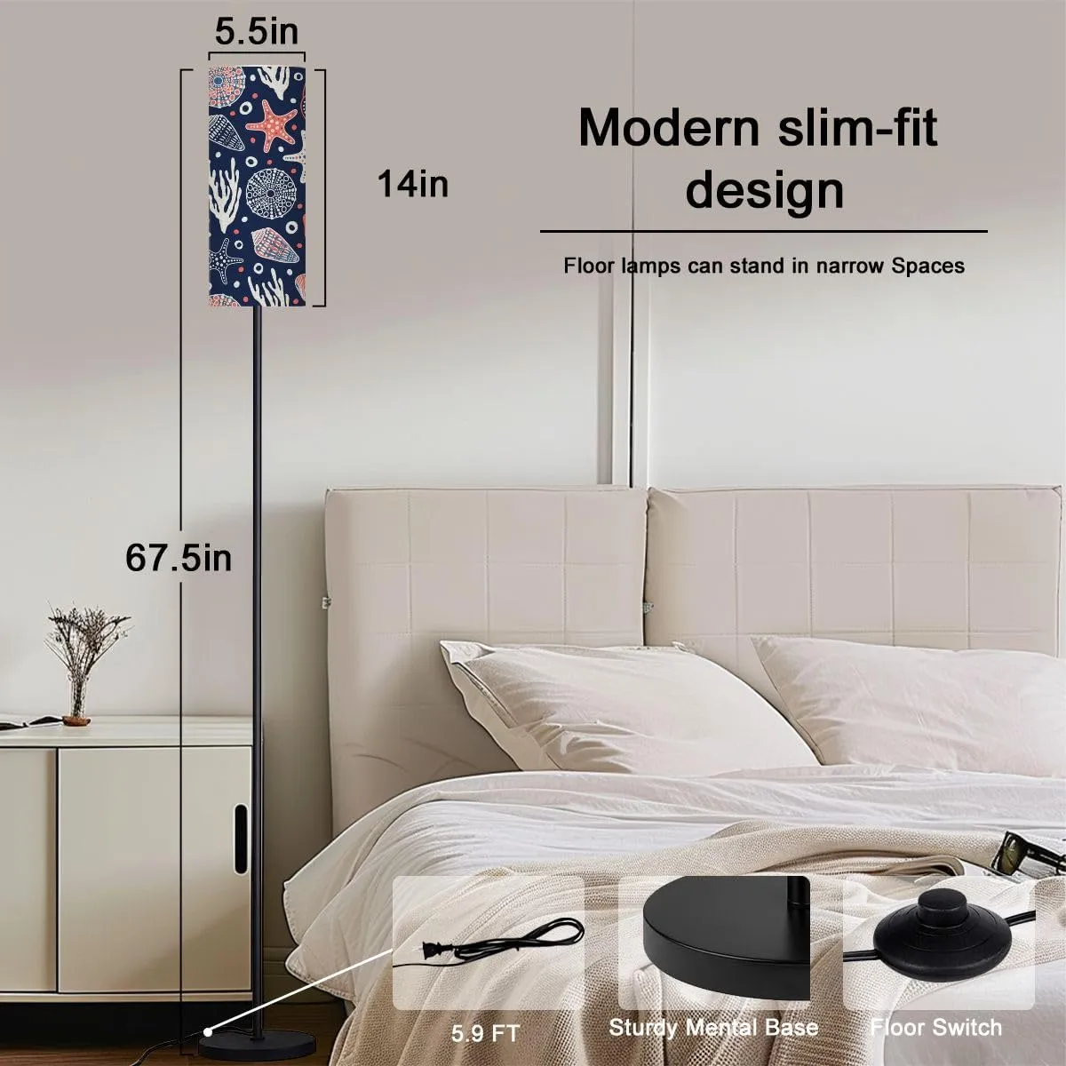 Sea bottom seamless pattern Summer beach hand drawn seaside print Modern Floor Lamp Minimalist Standing Lamps for Living Room LED Corner Lamp Remote Control Metal Pole Lamp for Bedroom, Reading