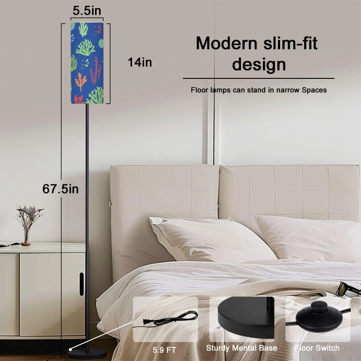 Seamless Pattern Marine Life Seaweed Modern Floor Lamp Minimalist Standing Lamps for Living Room LED Corner Lamp Remote Control Metal Pole Lamp for Bedroom, Reading