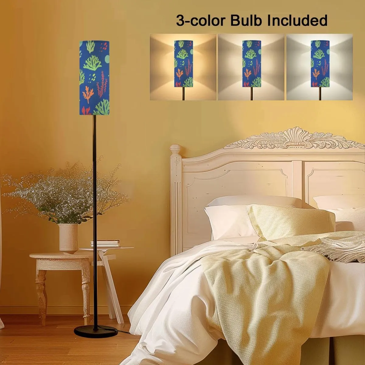 Seamless Pattern Marine Life Seaweed Modern Floor Lamp Minimalist Standing Lamps for Living Room LED Corner Lamp Remote Control Metal Pole Lamp for Bedroom, Reading