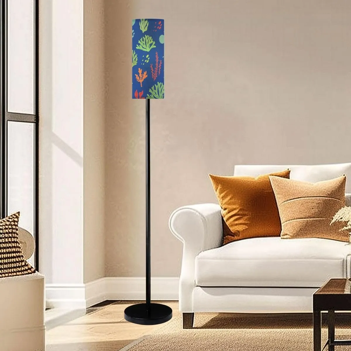 Seamless Pattern Marine Life Seaweed Modern Floor Lamp Minimalist Standing Lamps for Living Room LED Corner Lamp Remote Control Metal Pole Lamp for Bedroom, Reading