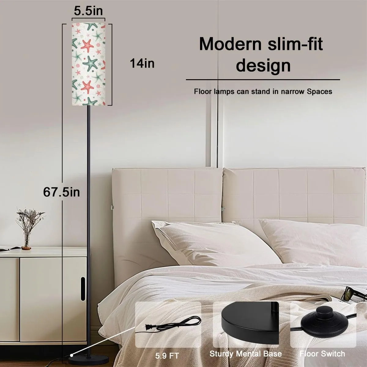 Seamless Seamless sea Star Starfish Pattern Modern Floor Lamp Minimalist Standing Lamps for Living Room LED Corner Lamp Remote Control Metal Pole Lamp for Bedroom, Reading