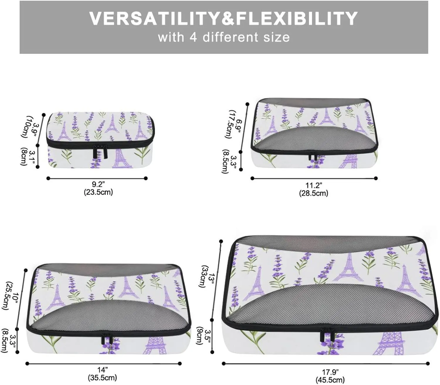 Seamless Violet Lavender Flowers with Green Leaves Eiffel Towers 4 PCs Set Packing Bags, Luggage Organizer Bag, Portable Cube Toiletry bag, Durable Travel Cosmetic Storage Bag for Men Women