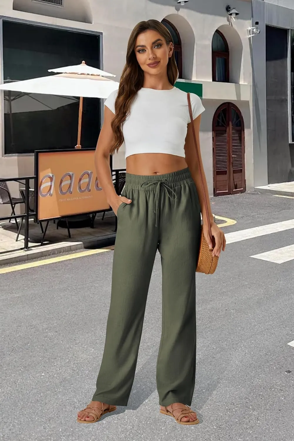 SEMARO Womens Casual Linen High Waist Pants Drawstring Loose Fit Summer Pants Trousers with Side Pockets