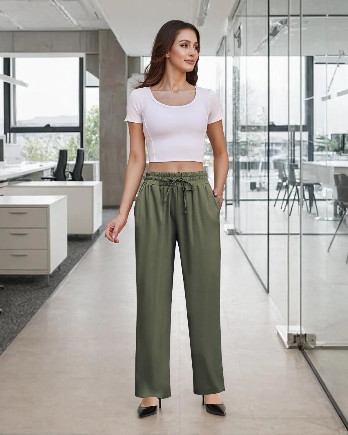 SEMARO Womens Casual Linen High Waist Pants Drawstring Loose Fit Summer Pants Trousers with Side Pockets