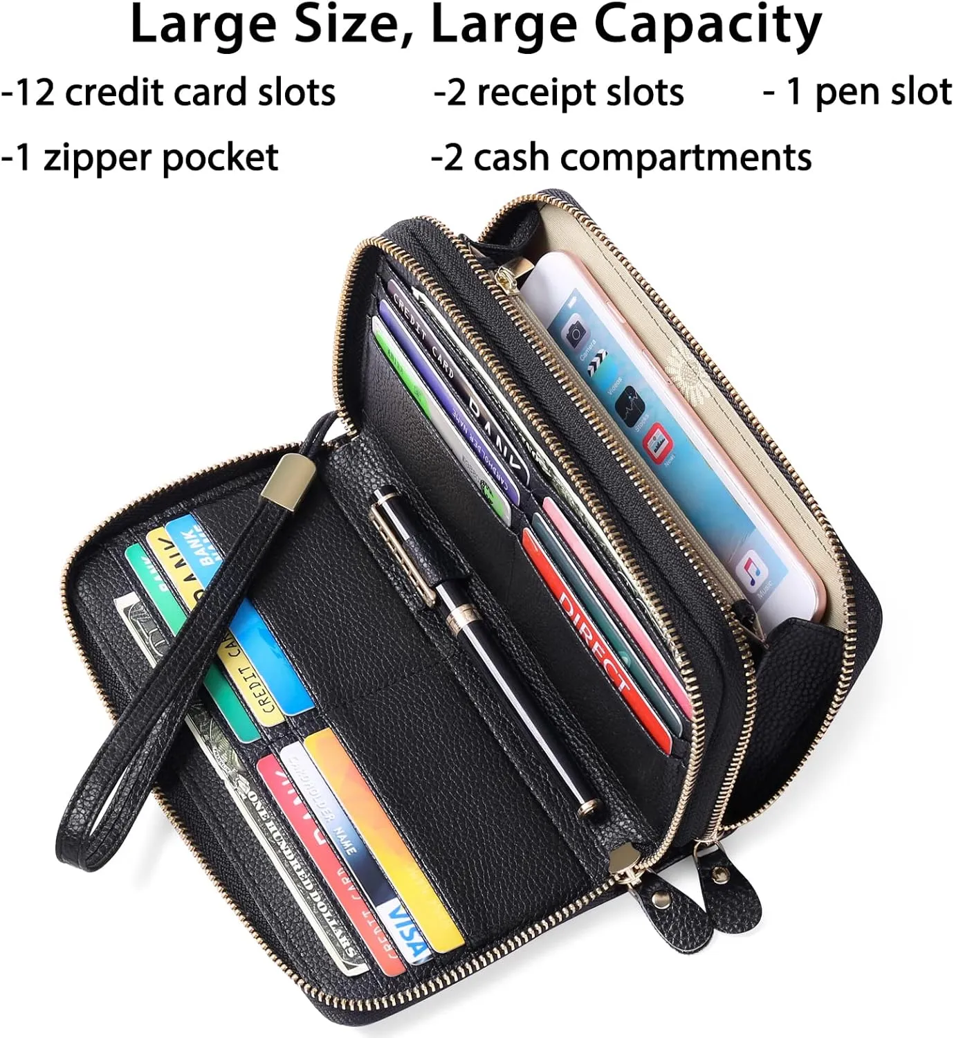 SENDEFN Leather Women Wallet RFID Blocking Zipper Around Phone Holder Clutch Wristlet Large Capacity