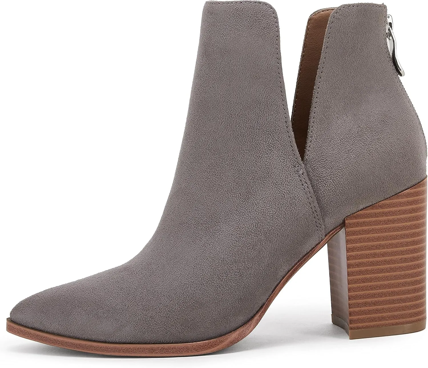 SERAIH Womens Pointed Toe Ankle Booties Stacked Mid Block Heel Cutout Back Zipper Shoes Faux Leather Boots