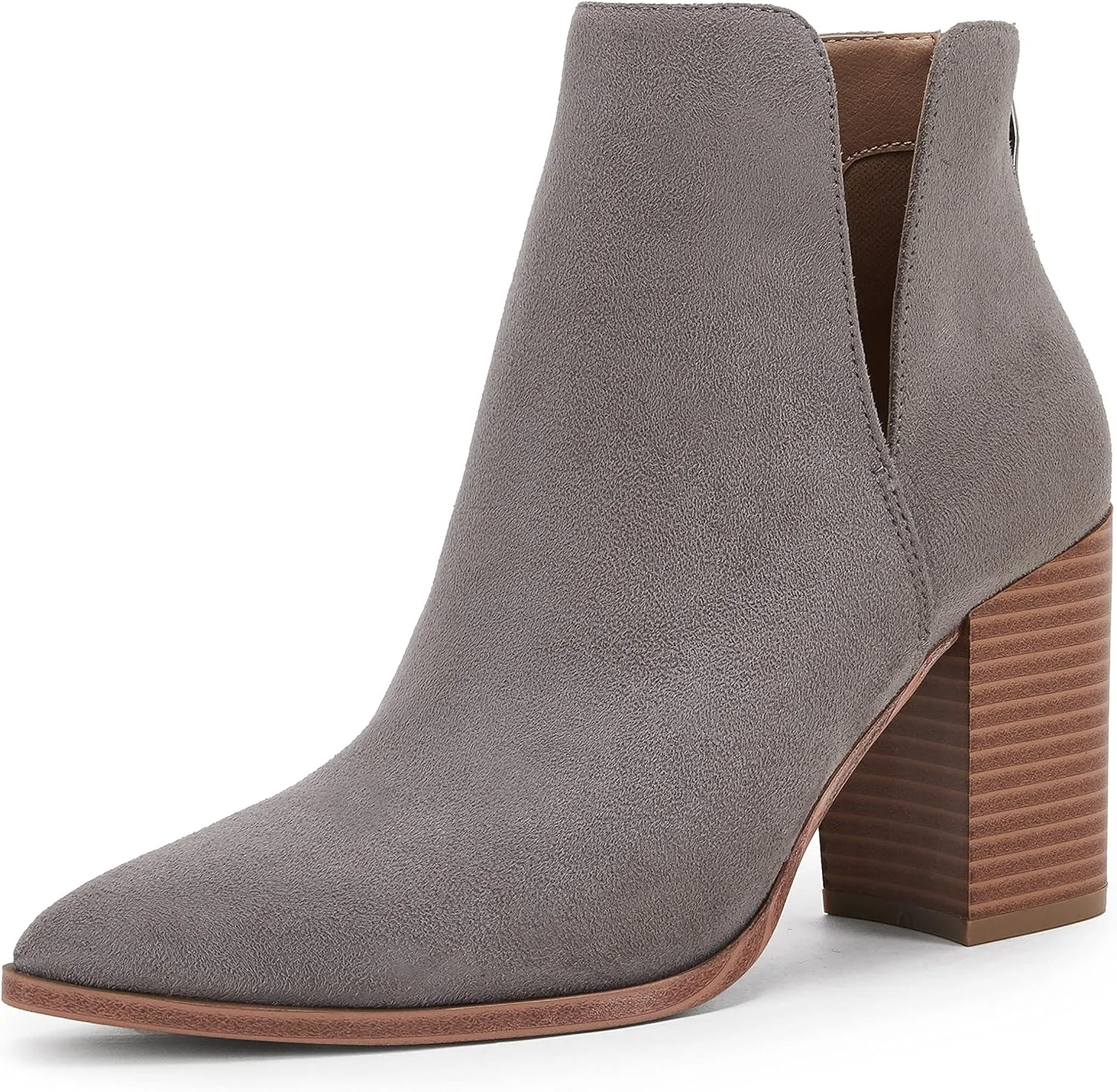 SERAIH Womens Pointed Toe Ankle Booties Stacked Mid Block Heel Cutout Back Zipper Shoes Faux Leather Boots
