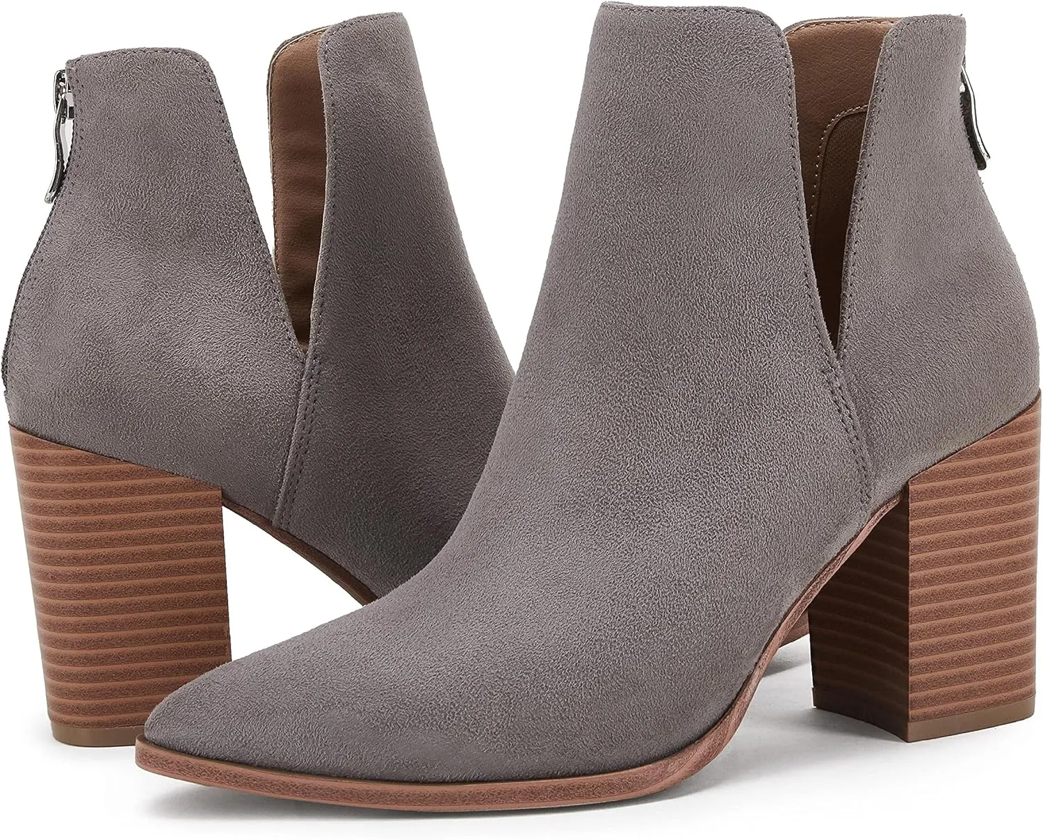 SERAIH Womens Pointed Toe Ankle Booties Stacked Mid Block Heel Cutout Back Zipper Shoes Faux Leather Boots