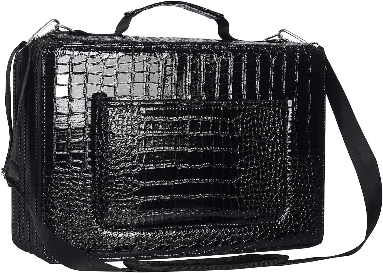 Shulaner Pencil Case Slot Holds 500 Colored Pencils or 340 Color Gel Pens with Zipper Closure Large Capacity PU Leather Pen Organizer Bag with Shoulder Strap (Black Croco, Large Slots)