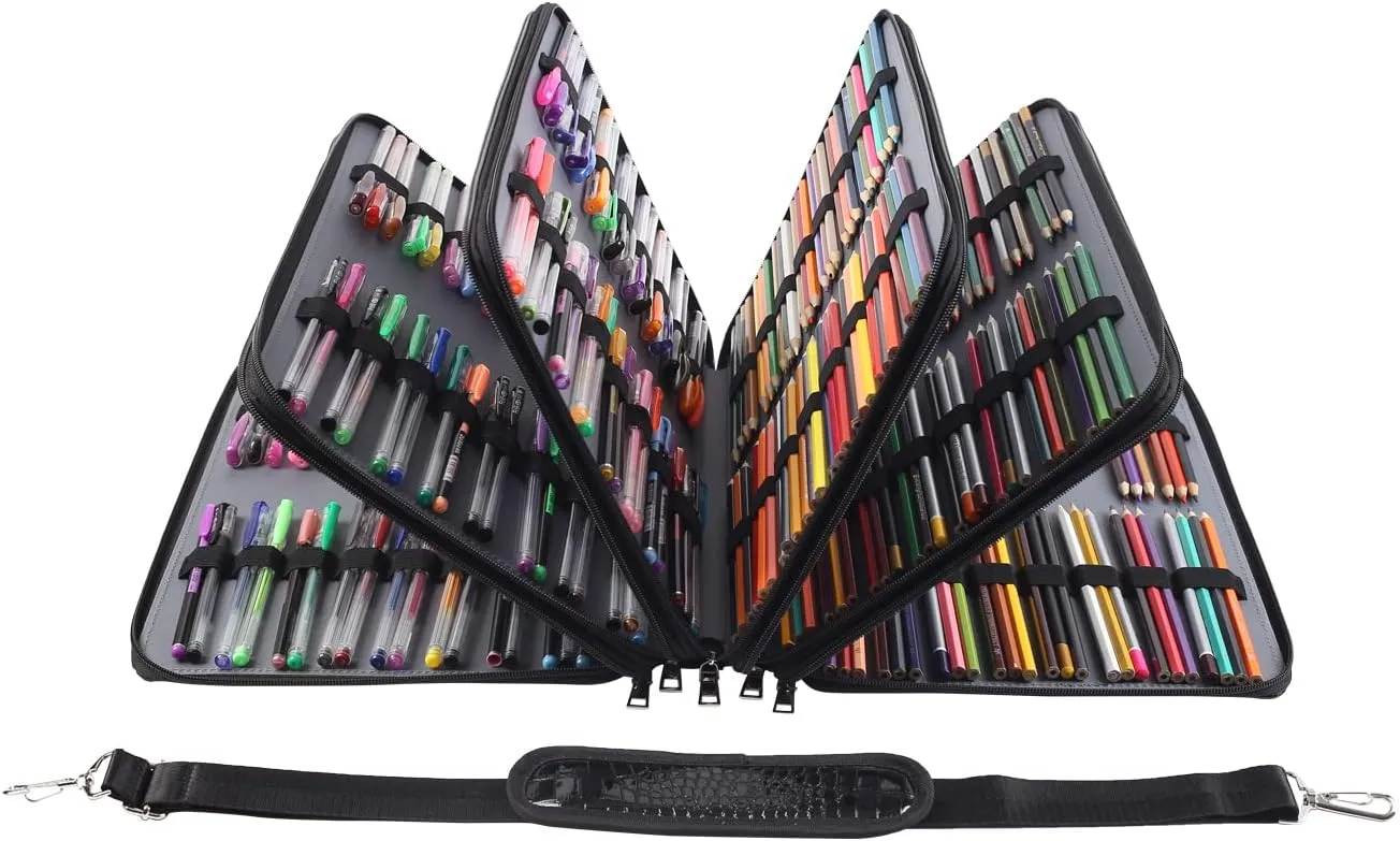 Shulaner Pencil Case Slot Holds 500 Colored Pencils or 340 Color Gel Pens with Zipper Closure Large Capacity PU Leather Pen Organizer Bag with Shoulder Strap (Black Croco, Large Slots)