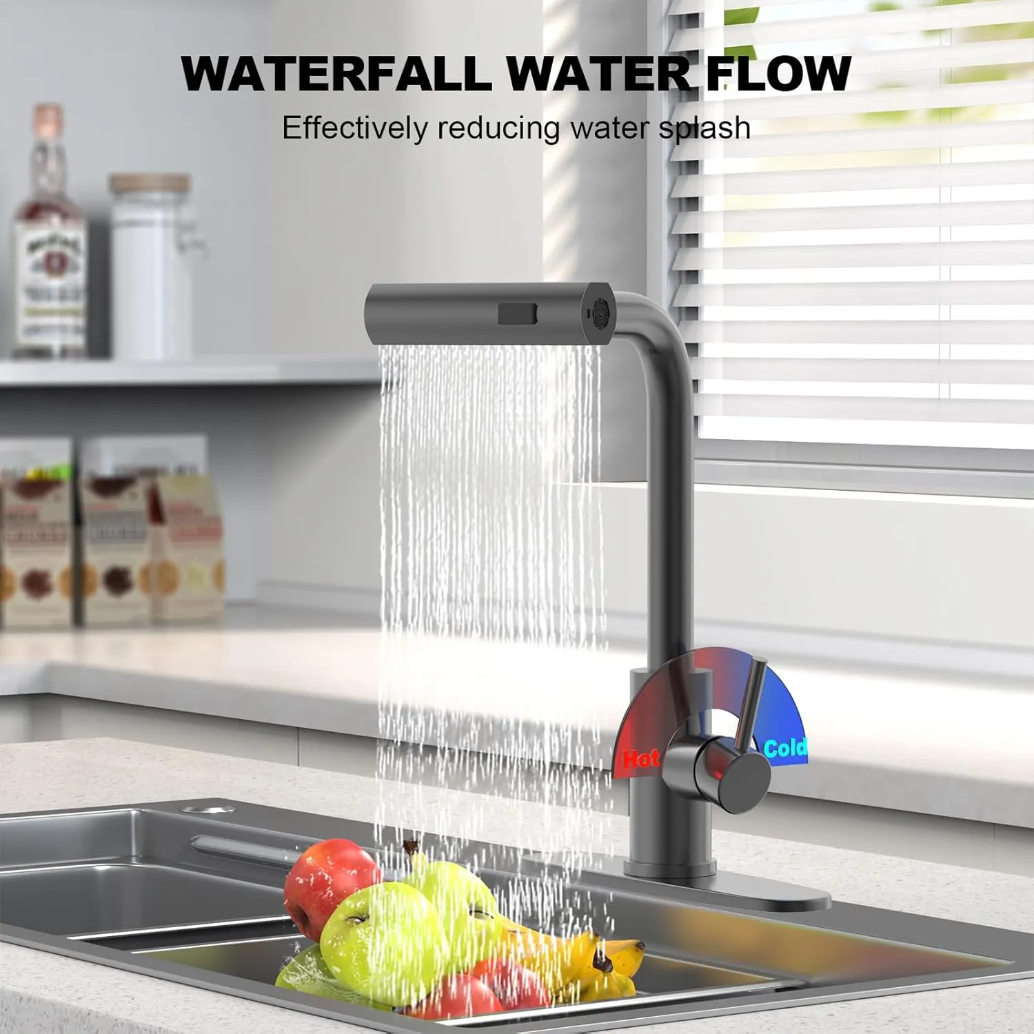 Single Hole Kitchen Faucets with Pull Down Sprayer, Single Handle, High Flow Water, Pull Out Tap, Stainless Steel Sink Faucet in Gray, Suitable for Farmhouse Camper Laundry Rv Bar