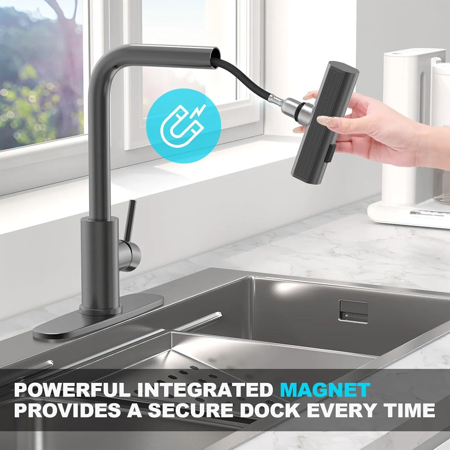 Single Hole Kitchen Faucets with Pull Down Sprayer, Single Handle, High Flow Water, Pull Out Tap, Stainless Steel Sink Faucet in Gray, Suitable for Farmhouse Camper Laundry Rv Bar