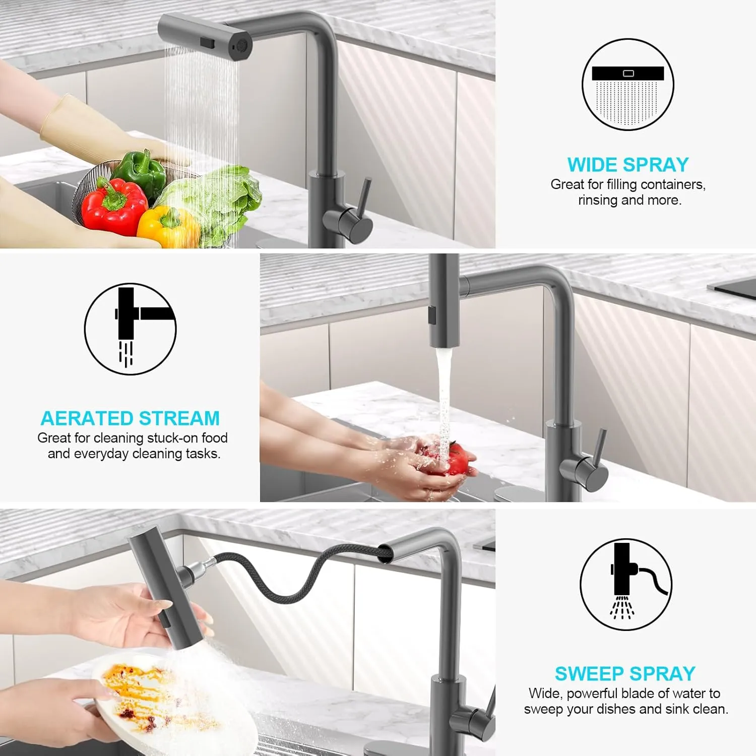 Single Hole Kitchen Faucets with Pull Down Sprayer, Single Handle, High Flow Water, Pull Out Tap, Stainless Steel Sink Faucet in Gray, Suitable for Farmhouse Camper Laundry Rv Bar
