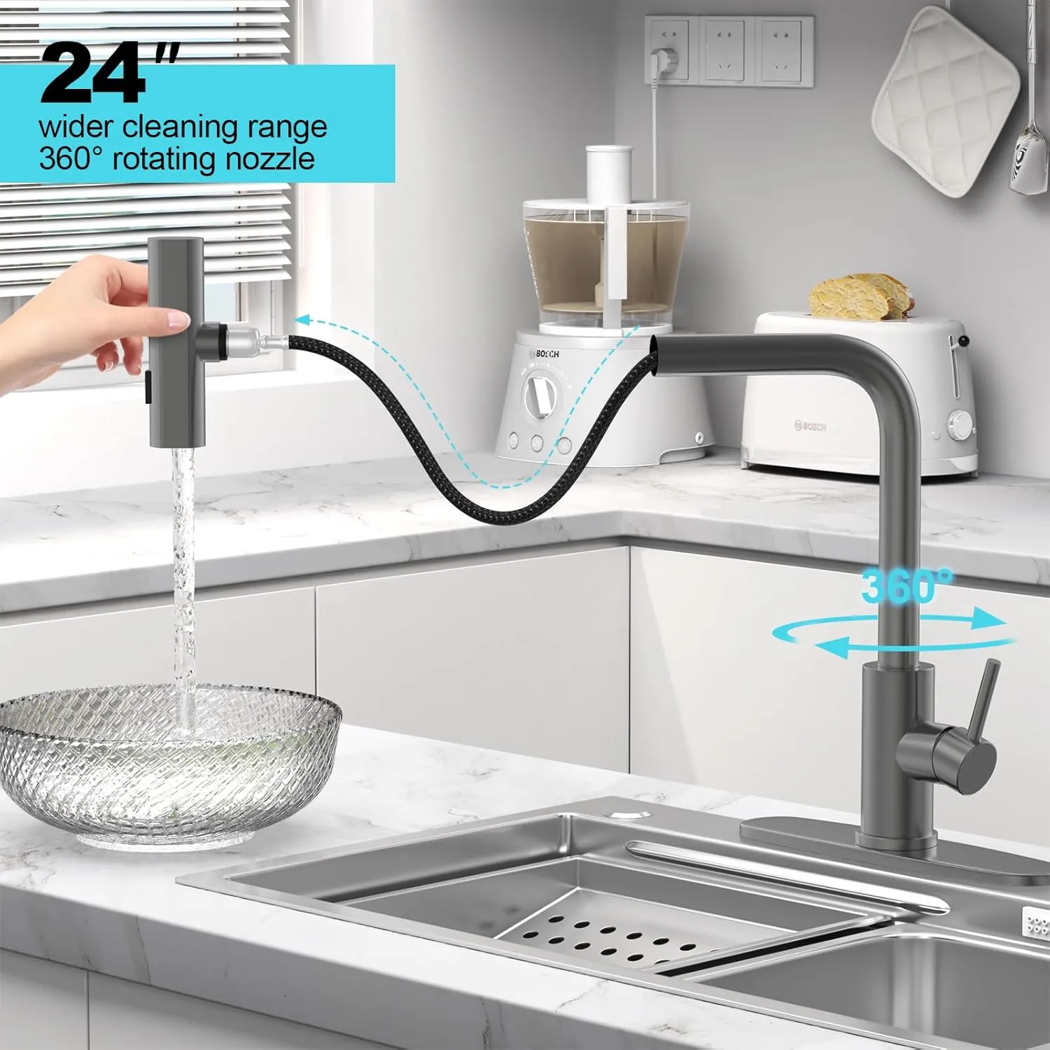 Single Hole Kitchen Faucets with Pull Down Sprayer, Single Handle, High Flow Water, Pull Out Tap, Stainless Steel Sink Faucet in Gray, Suitable for Farmhouse Camper Laundry Rv Bar