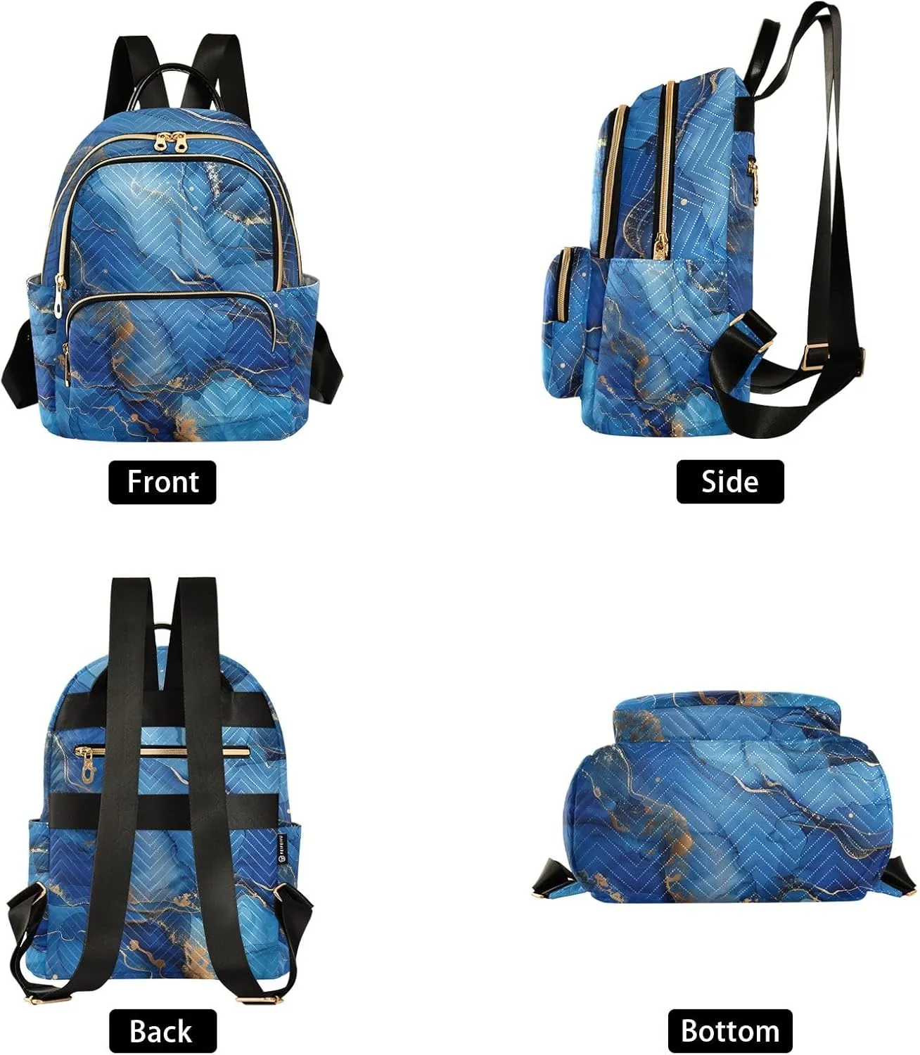 Small Backpack Purse for Women, Blue and Gold Marble Travel Bag Casual Daypack Shoulder Bag