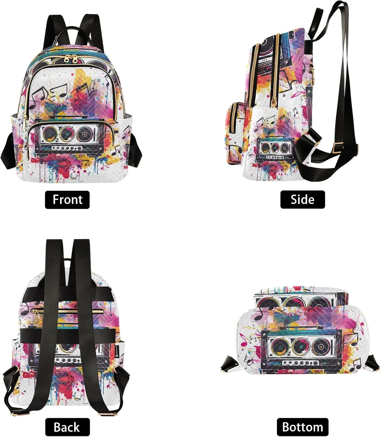 Small Backpack Purse for Women, Musical Notes Radio Travel Bag Casual Daypack Shoulder Bag