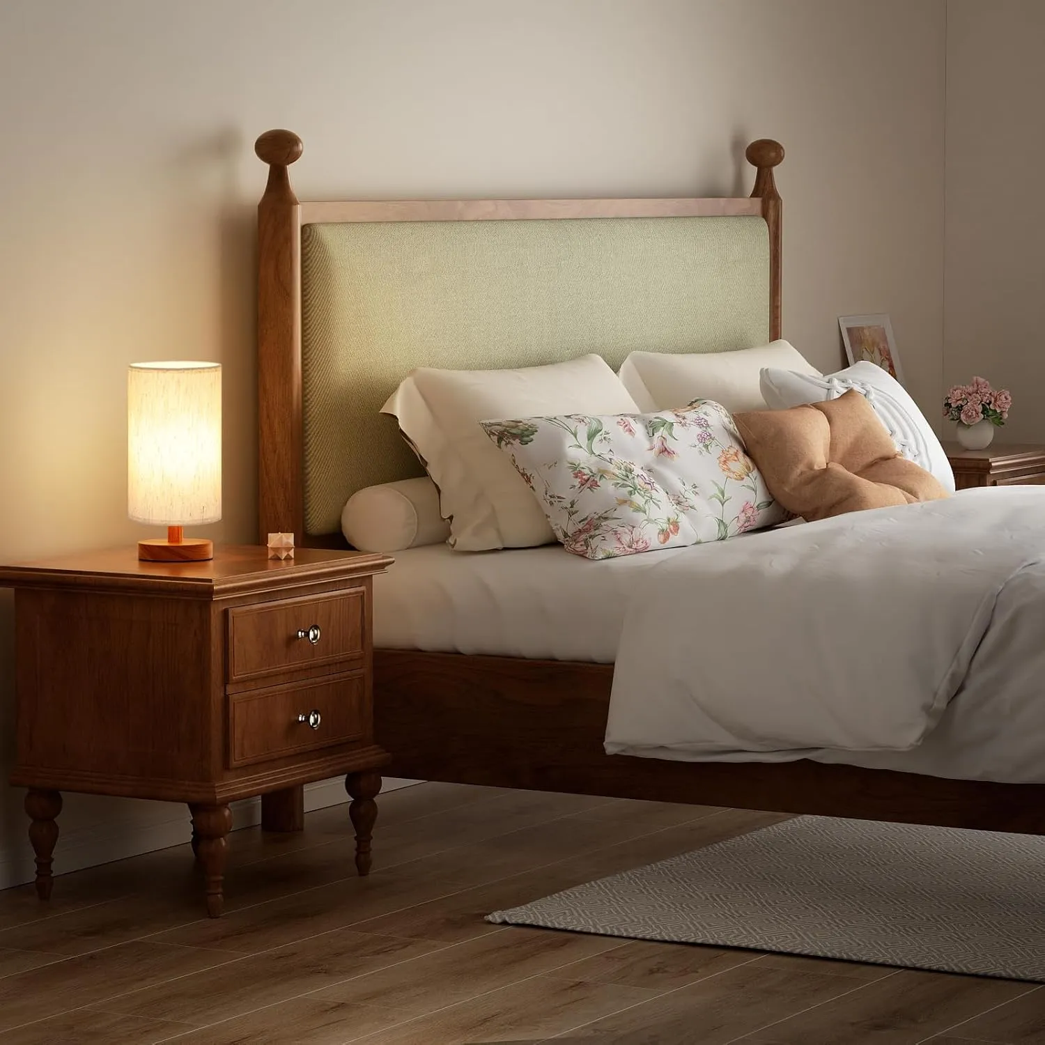 Small Table Lamp for Bedroom - Inline Control, Bedside Lamp with 3000K A15 LED Blub, Easy Assembly (Cream Shade - Walnut Base, 9" Inline Control)