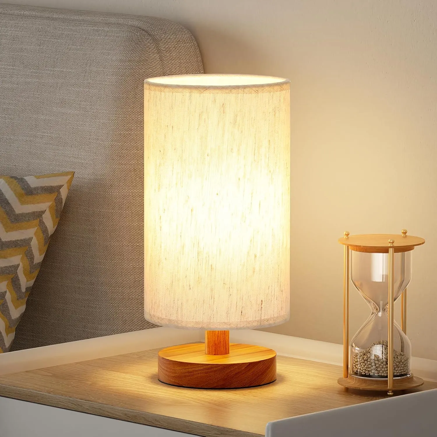 Small Table Lamp for Bedroom - Inline Control, Bedside Lamp with 3000K A15 LED Blub, Easy Assembly (Cream Shade - Walnut Base, 9" Inline Control)