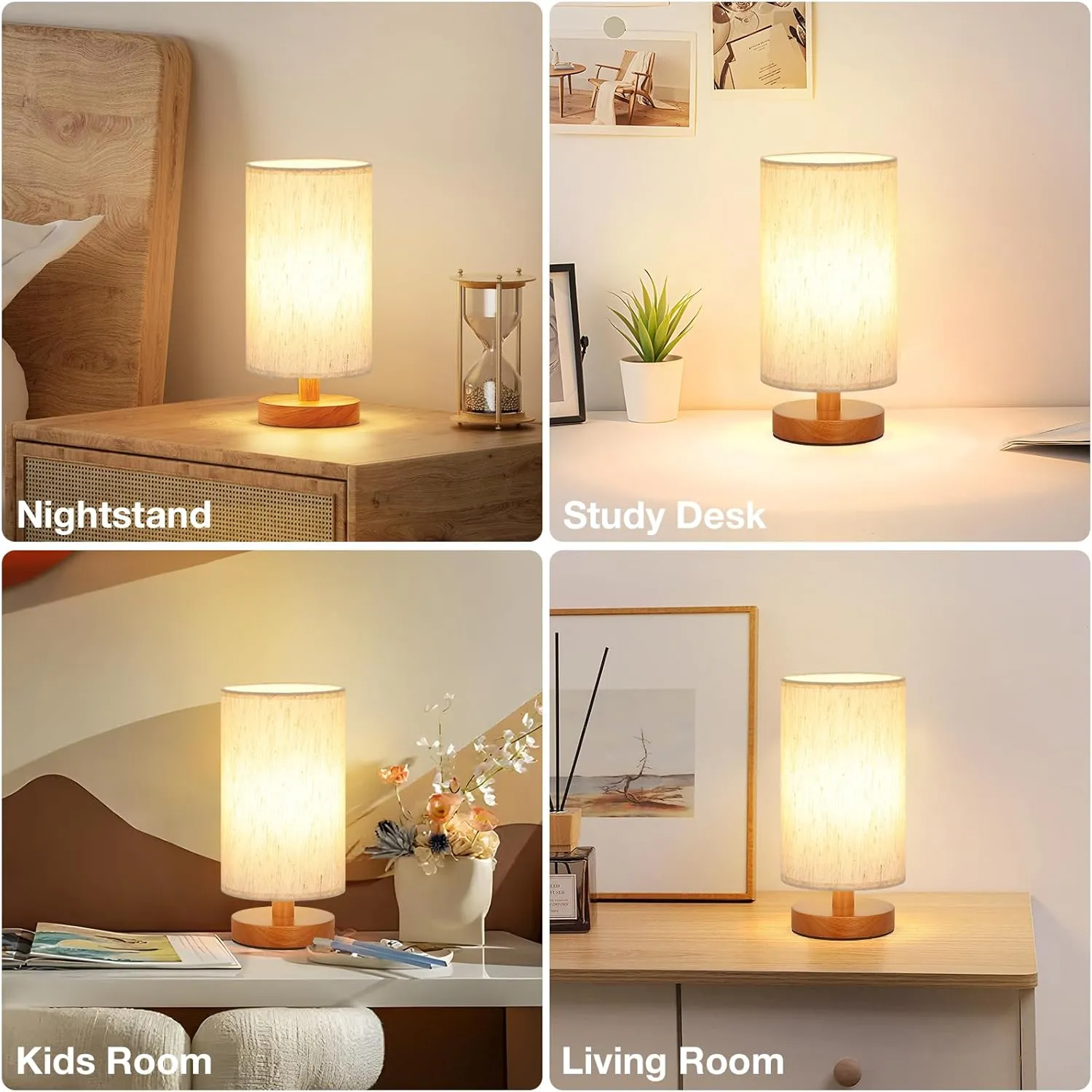 Small Table Lamp for Bedroom - Inline Control, Bedside Lamp with 3000K A15 LED Blub, Easy Assembly (Cream Shade - Walnut Base, 9" Inline Control)