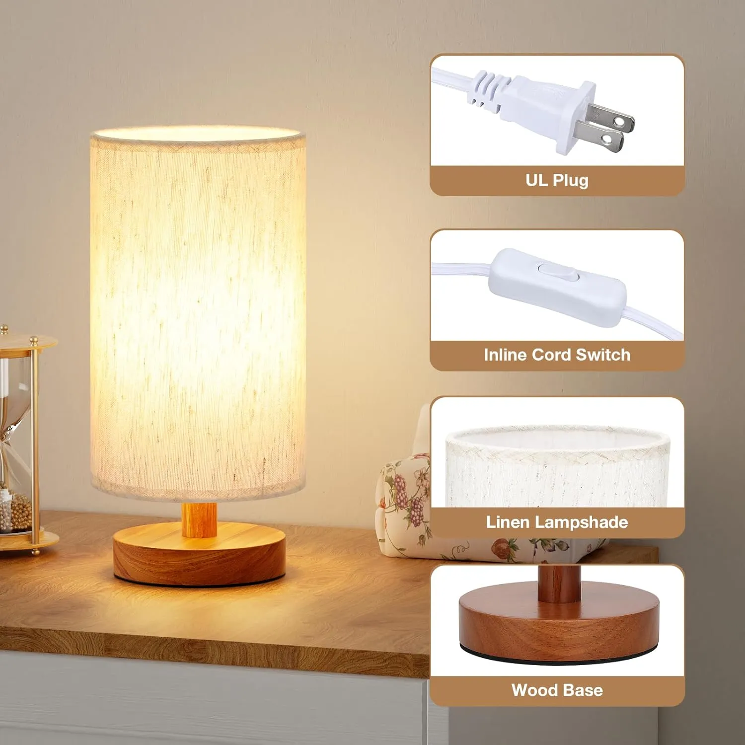 Small Table Lamp for Bedroom - Inline Control, Bedside Lamp with 3000K A15 LED Blub, Easy Assembly (Cream Shade - Walnut Base, 9" Inline Control)