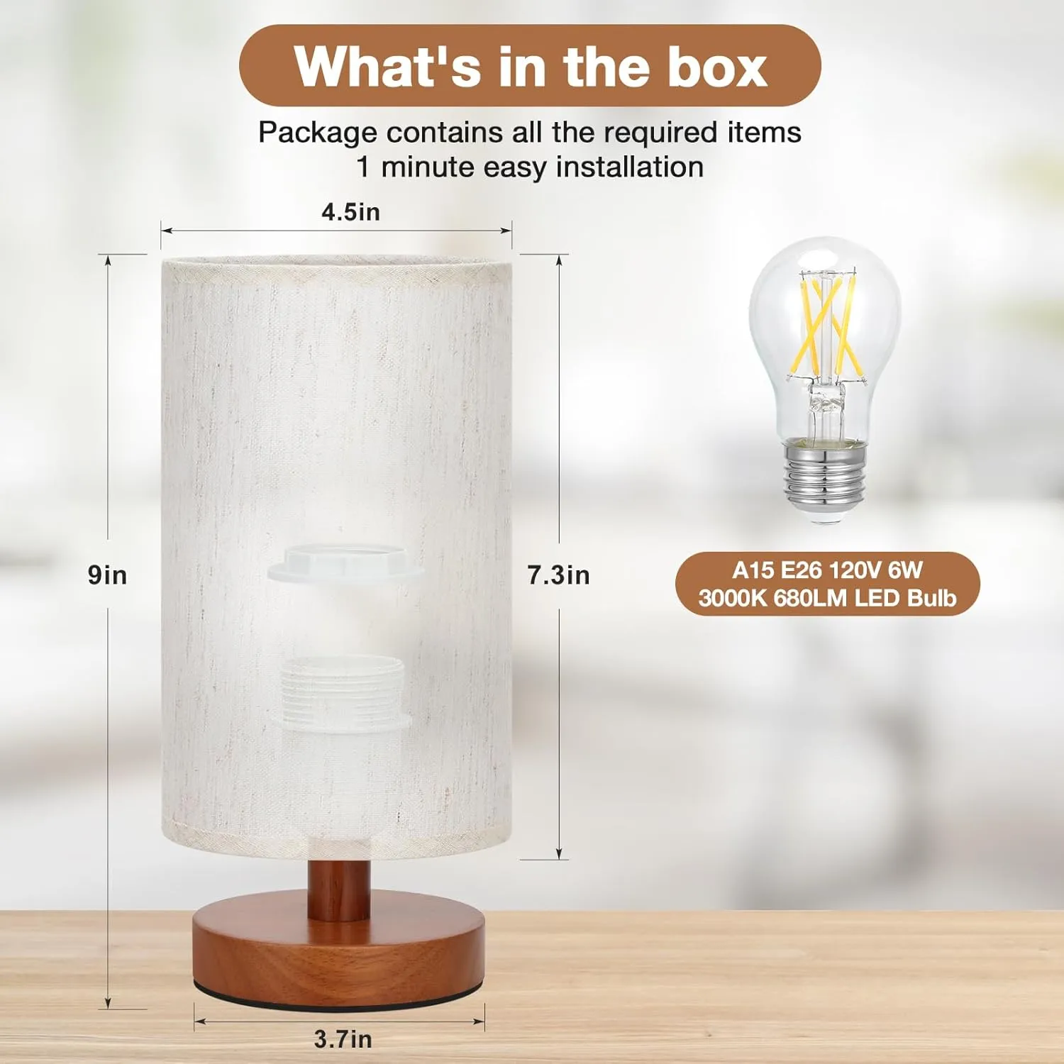 Small Table Lamp for Bedroom - Inline Control, Bedside Lamp with 3000K A15 LED Blub, Easy Assembly (Cream Shade - Walnut Base, 9" Inline Control)
