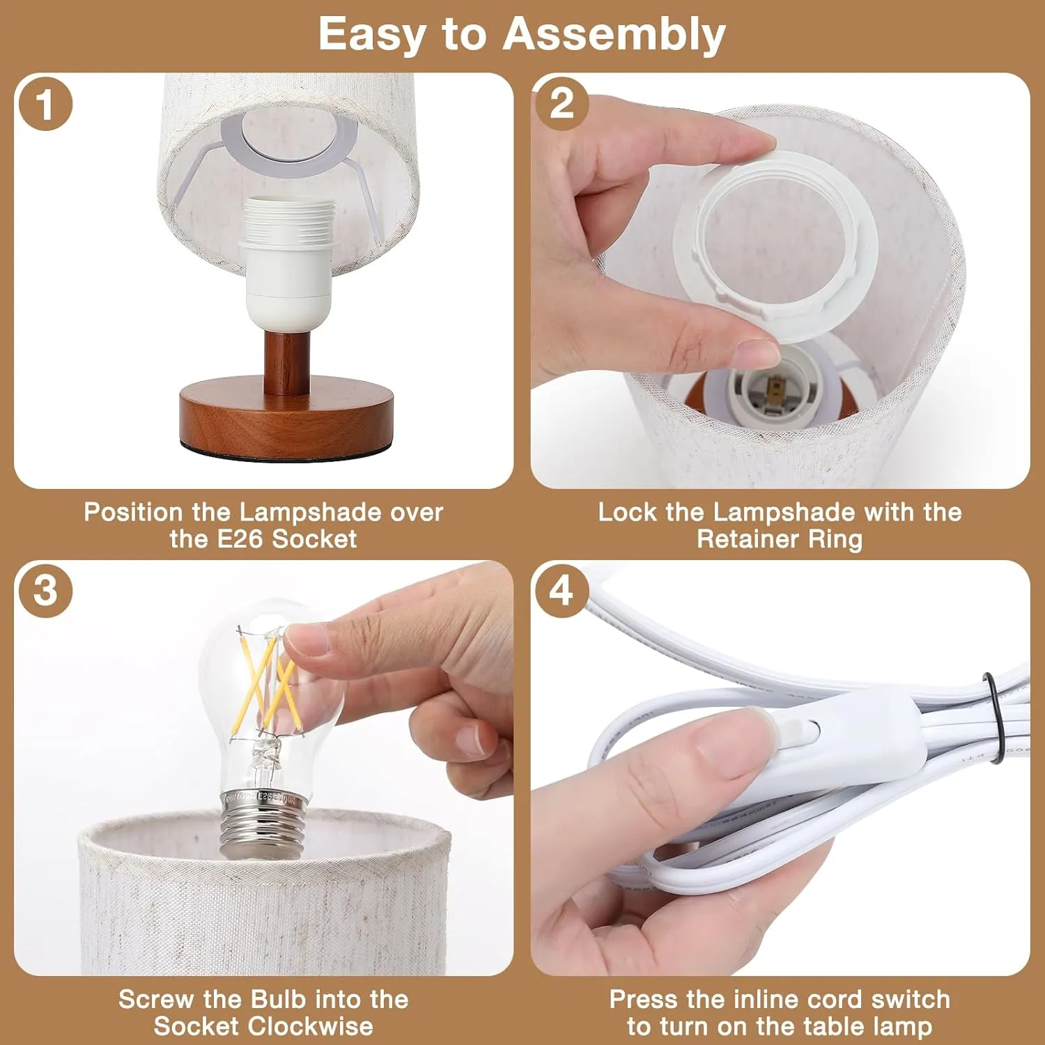 Small Table Lamp for Bedroom - Inline Control, Bedside Lamp with 3000K A15 LED Blub, Easy Assembly (Cream Shade - Walnut Base, 9" Inline Control)