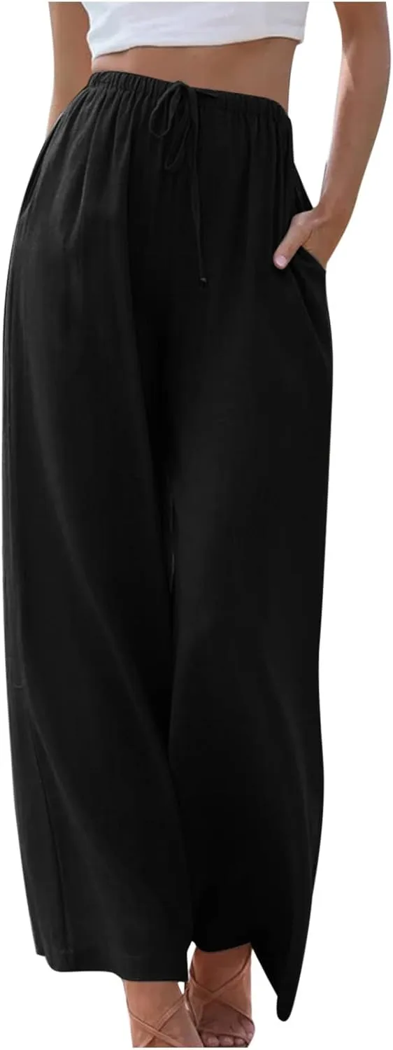 SMIDOW Linen Pants for Women Casual Loose High Waist Drawstring Trousers Wide Leg Baggy Long Pant with Pockets