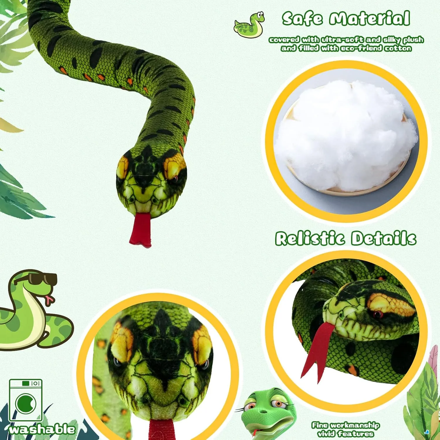 Snake Plush Toy, 59'' Large Washable, Huge Realistic Plush Cuddle Toy, Soft and Cute Children's Gift, Birthday Party Favor, Prank Prop (Green Python)