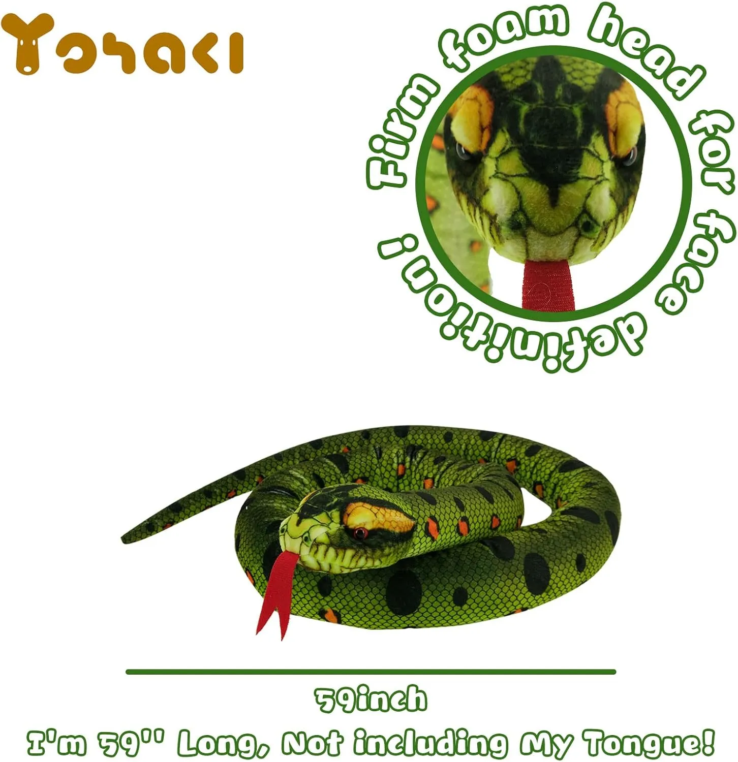 Snake Plush Toy, 59'' Large Washable, Huge Realistic Plush Cuddle Toy, Soft and Cute Children's Gift, Birthday Party Favor, Prank Prop (Green Python)
