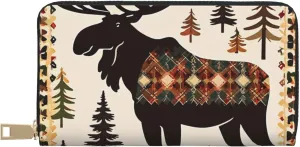 Stately Moose Print Wallet with Zipper,Women's Large Capacity Clutch Purse,Cute Imitation Leather Wallet