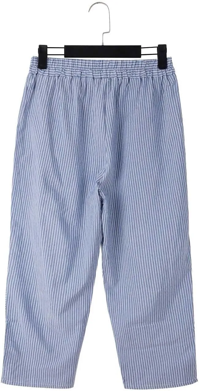 Striped Capri Pants for Women Trendy High Waisted Side Button Linen Capris Summer Dressy Casual Loose Cropped Pants
