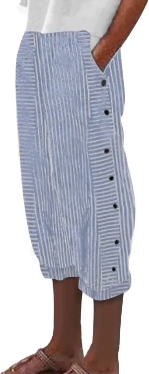 Striped Capri Pants for Women Trendy High Waisted Side Button Linen Capris Summer Dressy Casual Loose Cropped Pants
