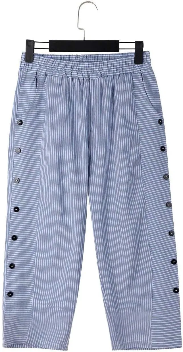 Striped Capri Pants for Women Trendy High Waisted Side Button Linen Capris Summer Dressy Casual Loose Cropped Pants