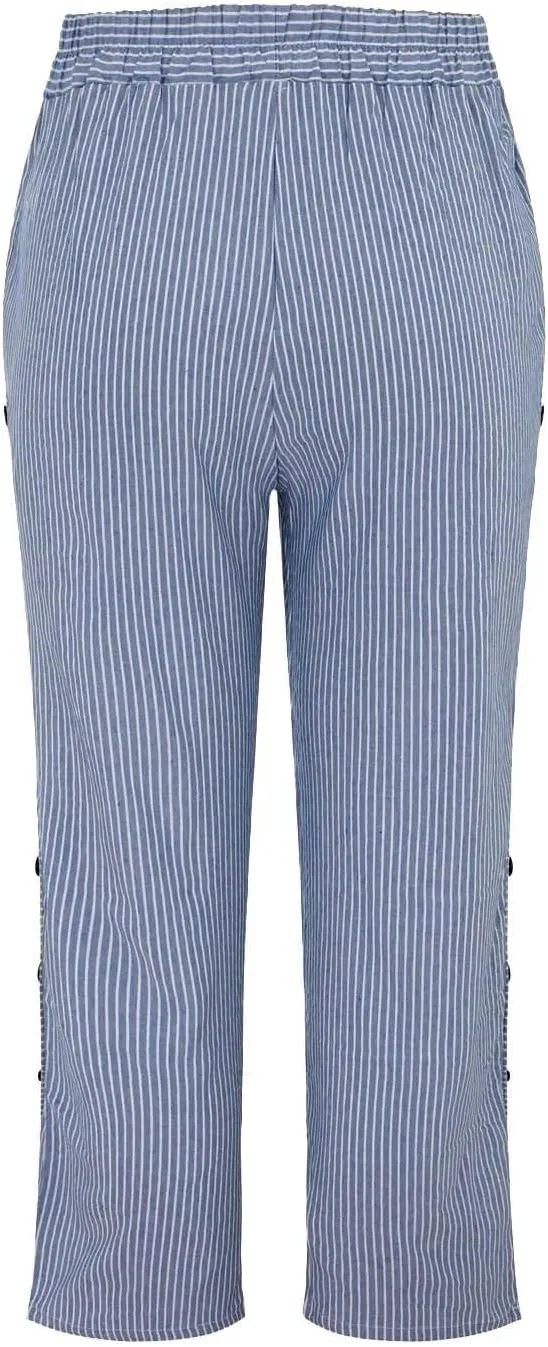 Striped Capri Pants for Women Trendy High Waisted Side Button Linen Capris Summer Dressy Casual Loose Cropped Pants