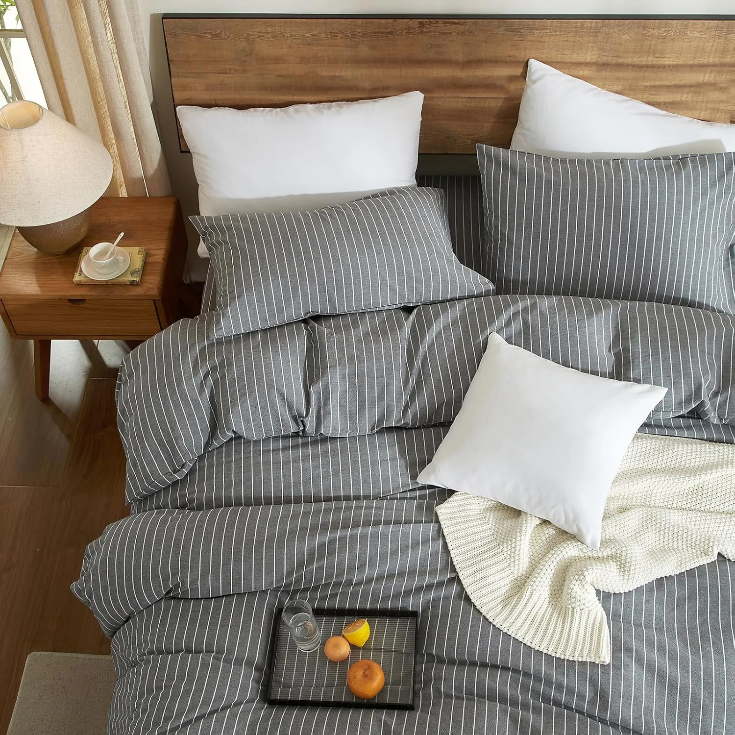 Striped Duvet Cover Set King Chic Linen Like Textured Bedding Set 100% Washed Cotton Comforter Cover for All Seasons 3 Pcs Breathable Durable Comfy (Dark Grey White Wide Pinstripes, King)