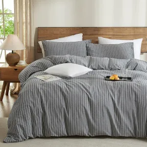 Striped Duvet Cover Set King Chic Linen Like Textured Bedding Set 100% Washed Cotton Comforter Cover for All Seasons 3 Pcs Breathable Durable Comfy (Dark Grey White Wide Pinstripes, King)