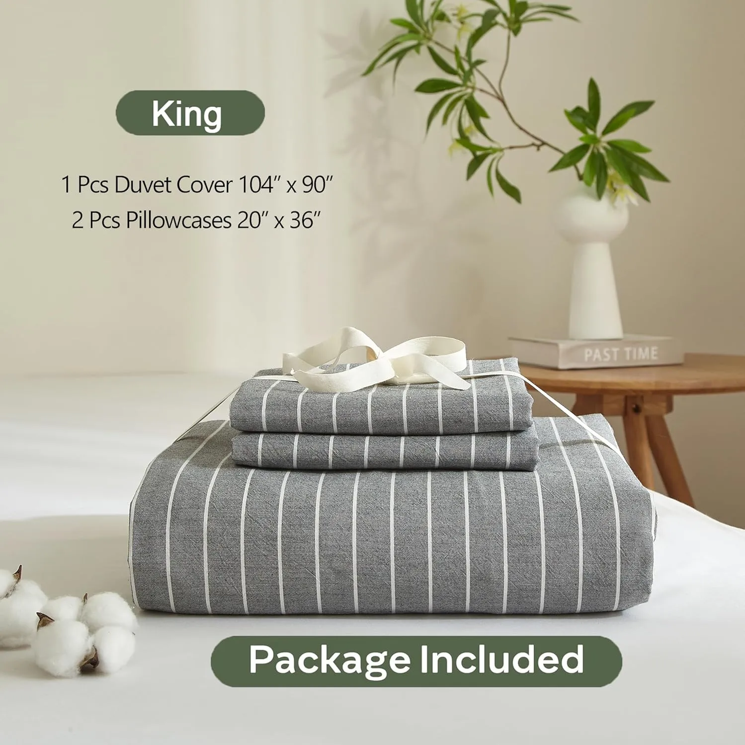 Striped Duvet Cover Set King Chic Linen Like Textured Bedding Set 100% Washed Cotton Comforter Cover for All Seasons 3 Pcs Breathable Durable Comfy (Dark Grey White Wide Pinstripes, King)