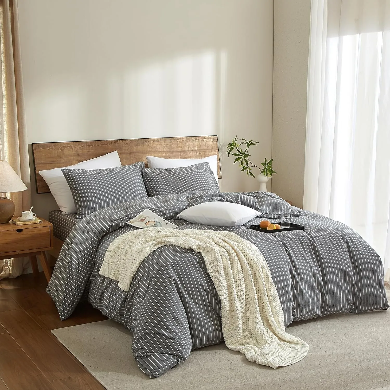 Striped Duvet Cover Set King Chic Linen Like Textured Bedding Set 100% Washed Cotton Comforter Cover for All Seasons 3 Pcs Breathable Durable Comfy (Dark Grey White Wide Pinstripes, King)