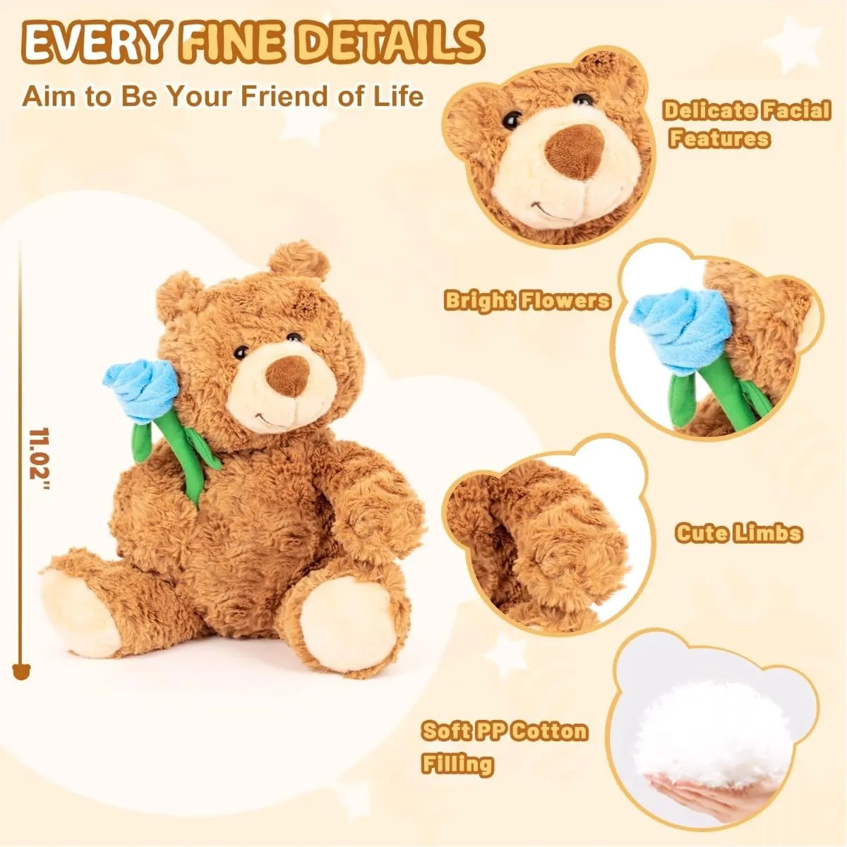 Stuffed Rose Teddy Bear Gifts for Mother's Day, 11''Soft Cute Plush Animal Toy Birthday Present for Her/Girlfriend Lover Mom Kids Gifts Home Decor