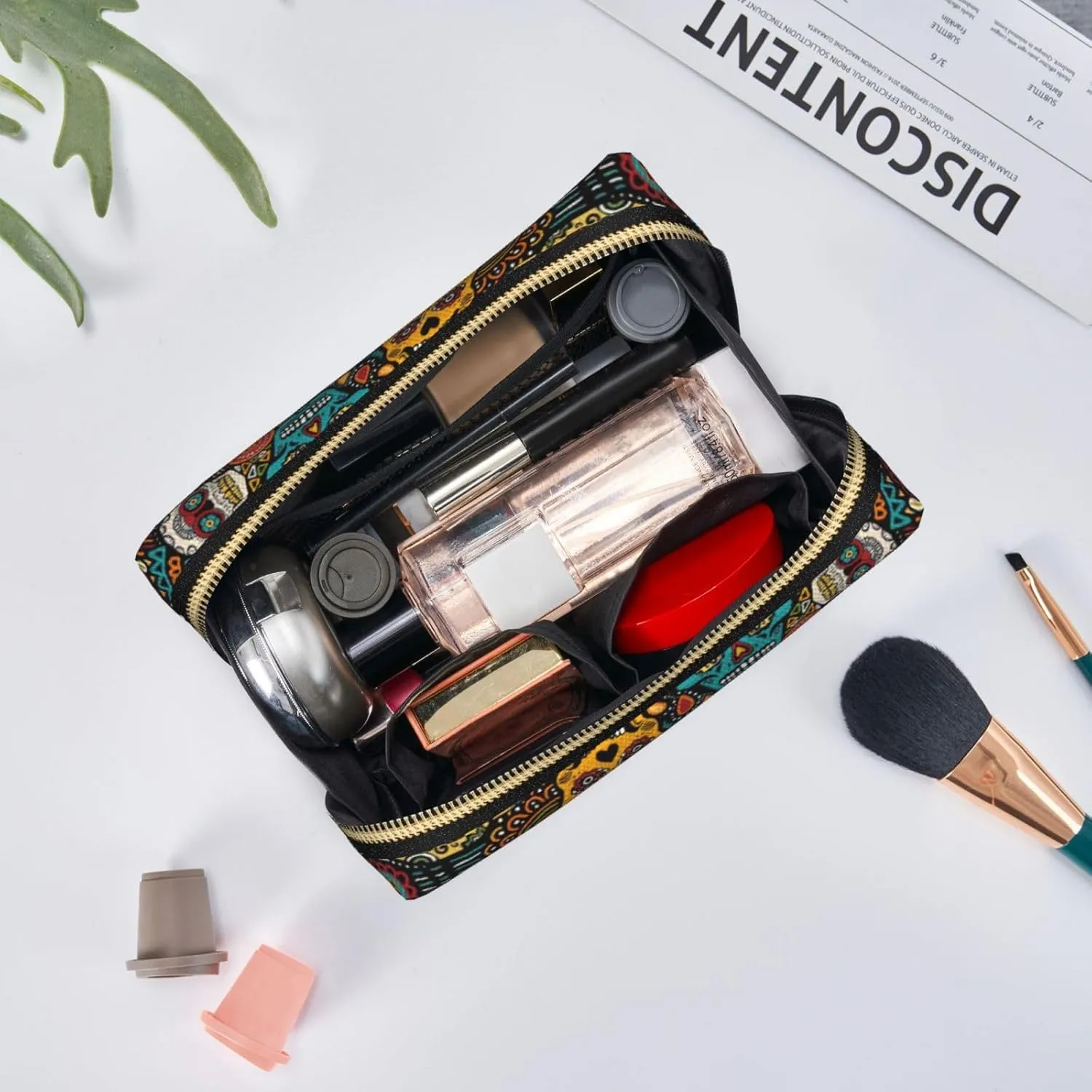 Sugar And Skulls Style Toiletry Pouch, Travel-Friendly Makeup Organizer For Makeup Brushes, Lipsticks