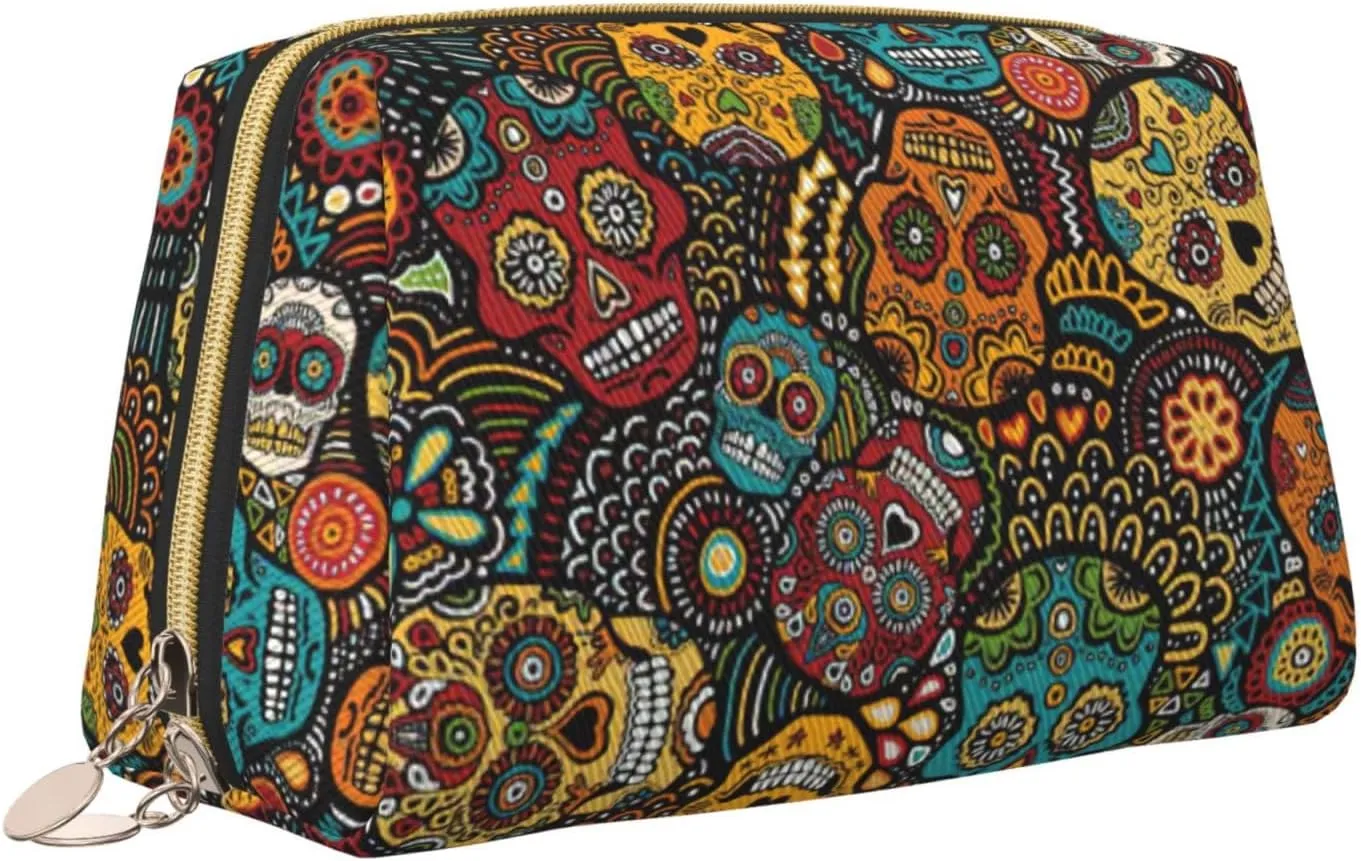 Sugar And Skulls Style Toiletry Pouch, Travel-Friendly Makeup Organizer For Makeup Brushes, Lipsticks