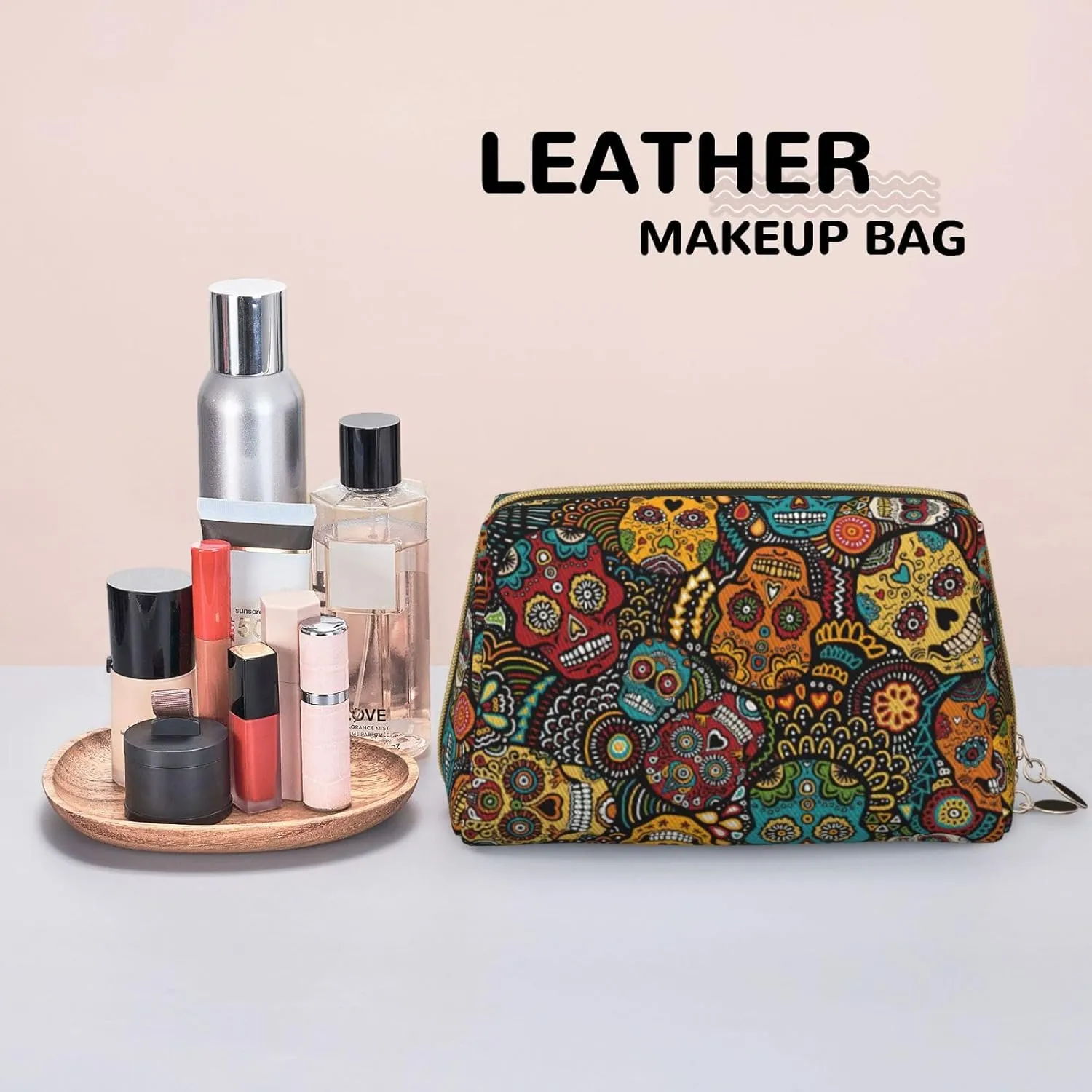 Sugar And Skulls Style Toiletry Pouch, Travel-Friendly Makeup Organizer For Makeup Brushes, Lipsticks