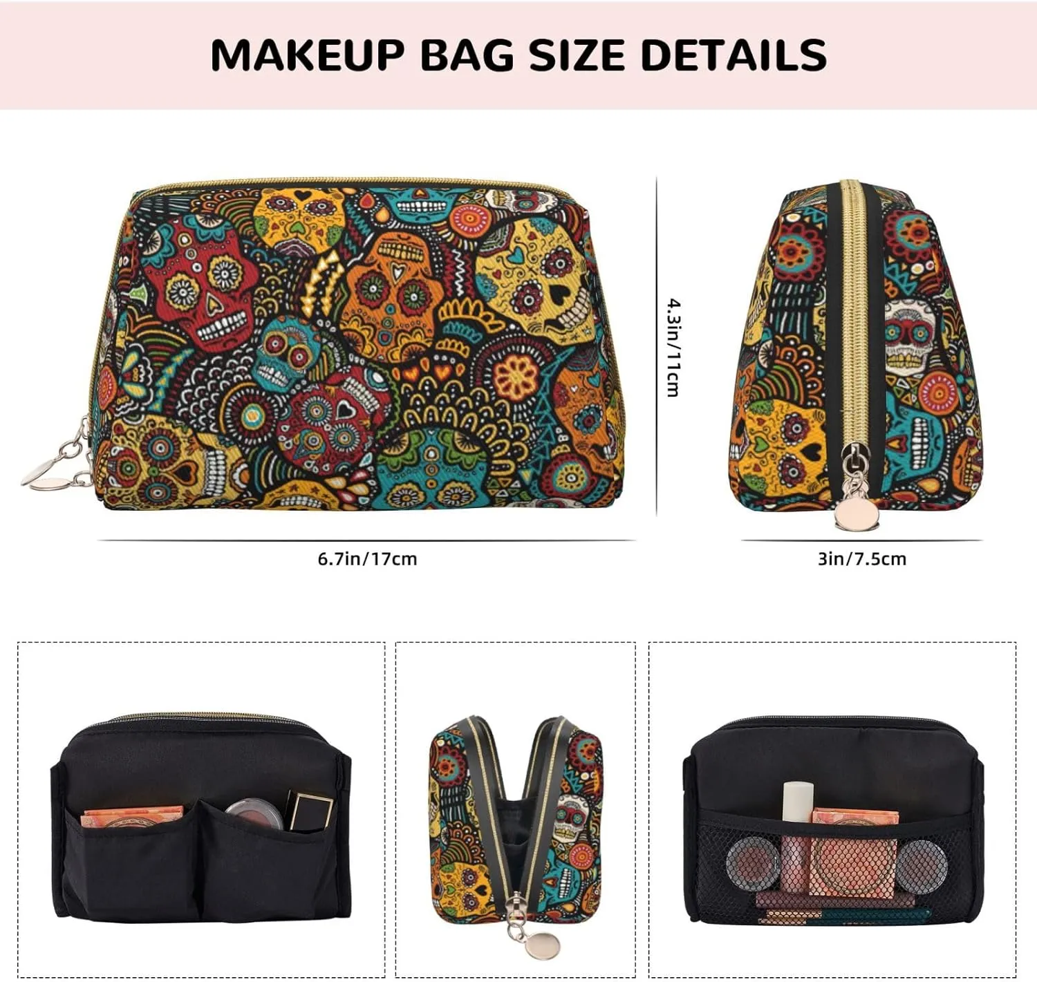 Sugar And Skulls Style Toiletry Pouch, Travel-Friendly Makeup Organizer For Makeup Brushes, Lipsticks