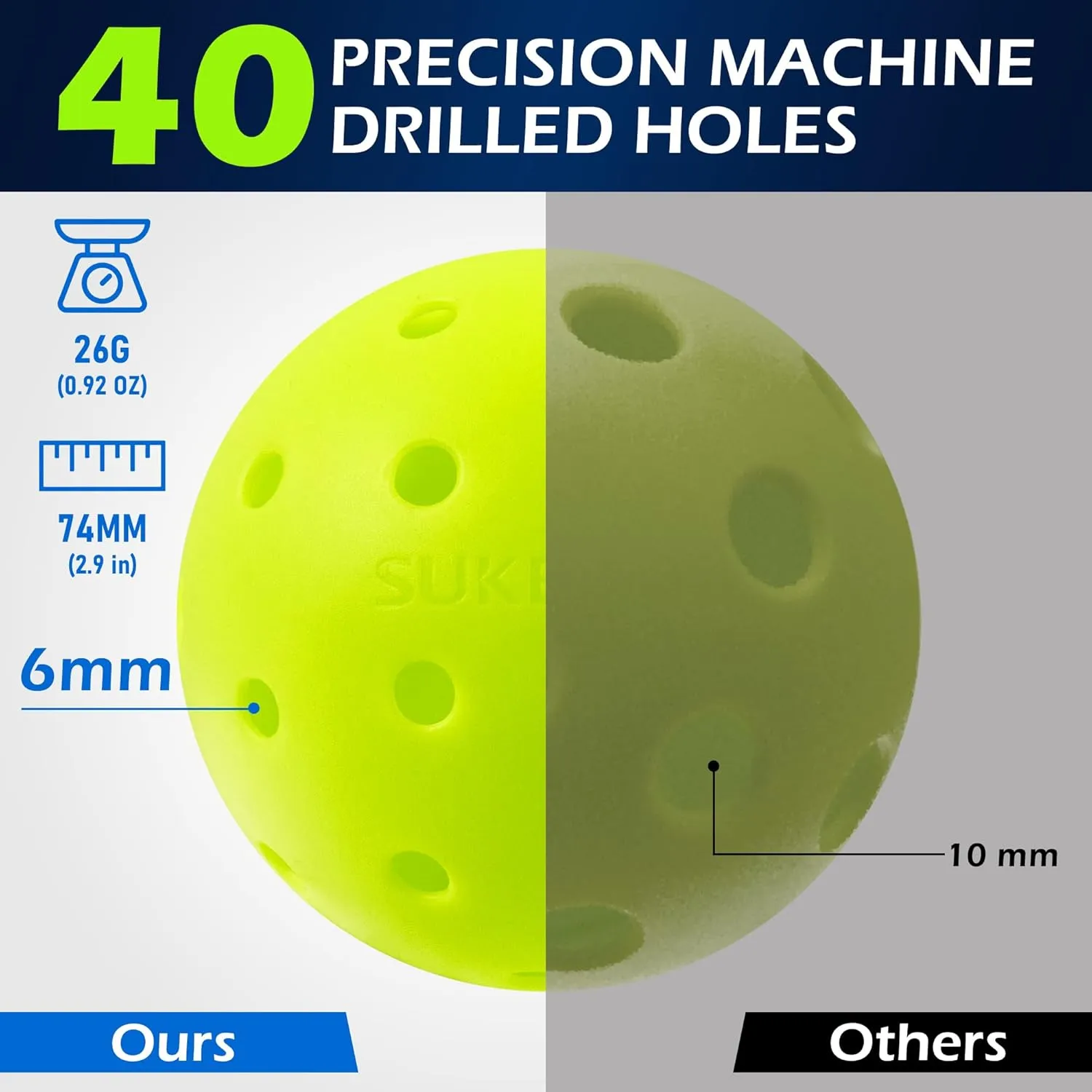 Sukeen Outdoor Pickleball Balls 40 Holes, High Bounce True Flight Pickleball Ball, High Visibility Outdoor Pickleballs, High Elasticity Pickle Balls with Mesh Bag