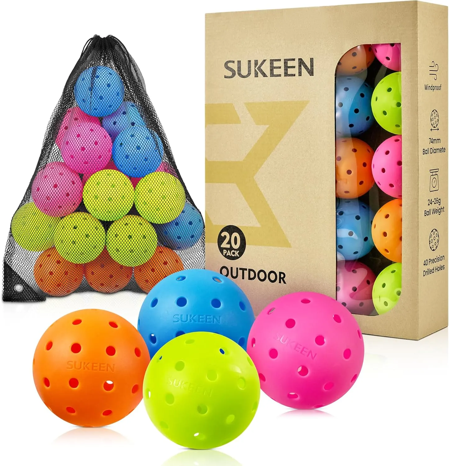 Sukeen Outdoor Pickleball Balls 40 Holes, High Bounce True Flight Pickleball Ball, High Visibility Outdoor Pickleballs, High Elasticity Pickle Balls with Mesh Bag