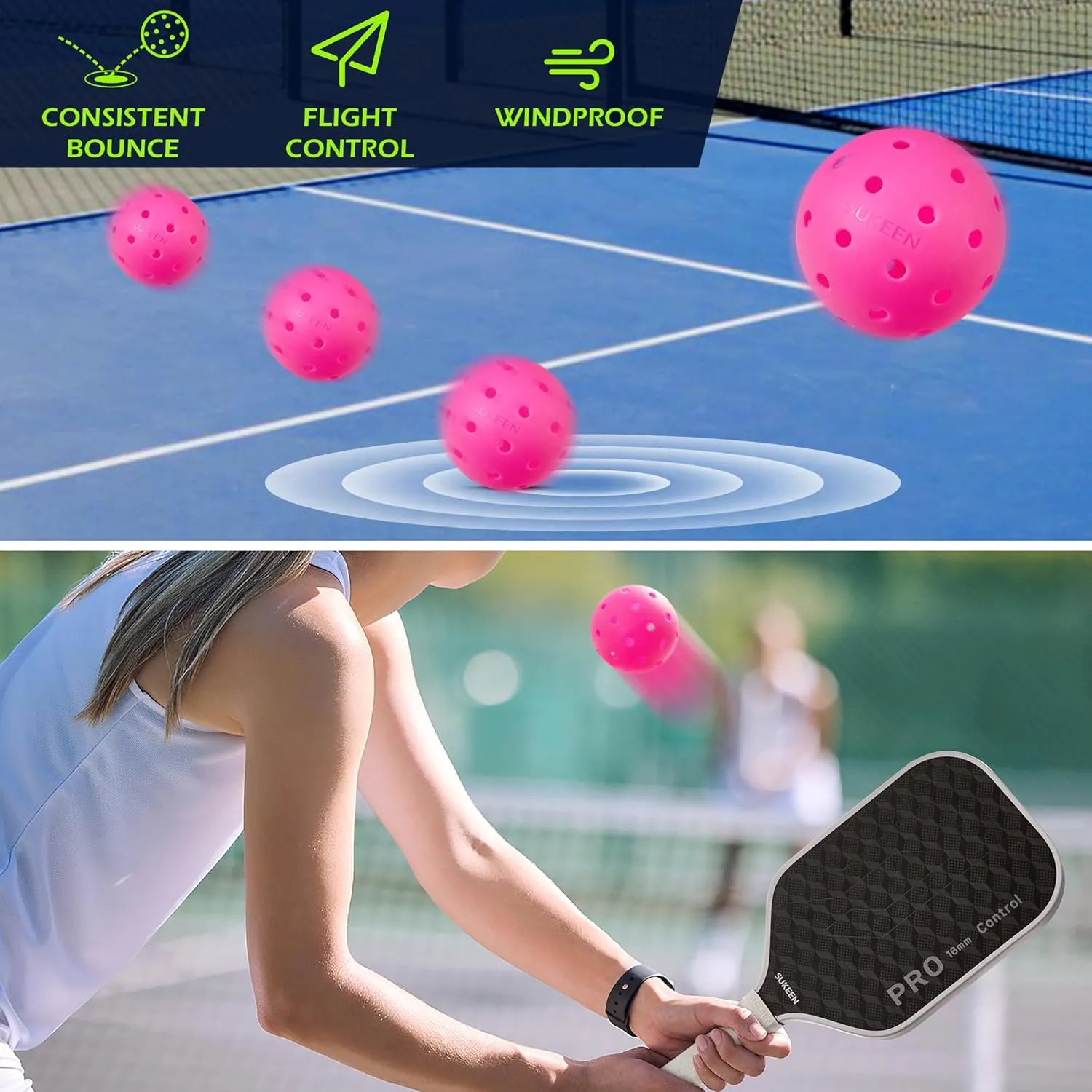 Sukeen Outdoor Pickleball Balls 40 Holes, High Bounce True Flight Pickleball Ball, High Visibility Outdoor Pickleballs, High Elasticity Pickle Balls with Mesh Bag